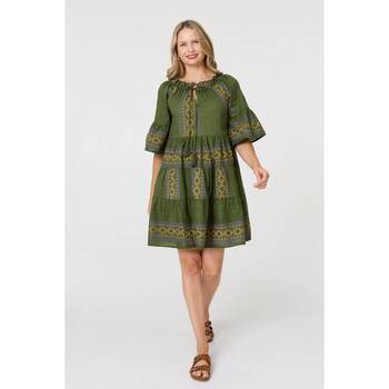 Izabel London Embroidered Flare Sleeve Short Dress women's Dress in Green