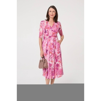 Izabel London Printed Mesh Layer Pleat Wrap Midi Dress women's Midi Dresses in Pink