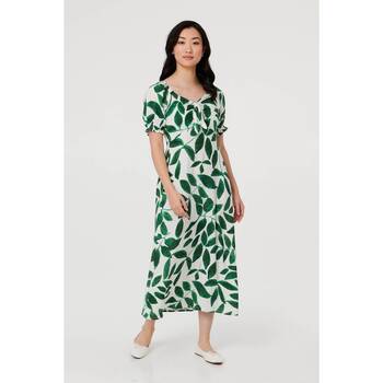 Izabel London Leaf Print Tie Front A-Line Midi Dress women's Long Dress in Green
