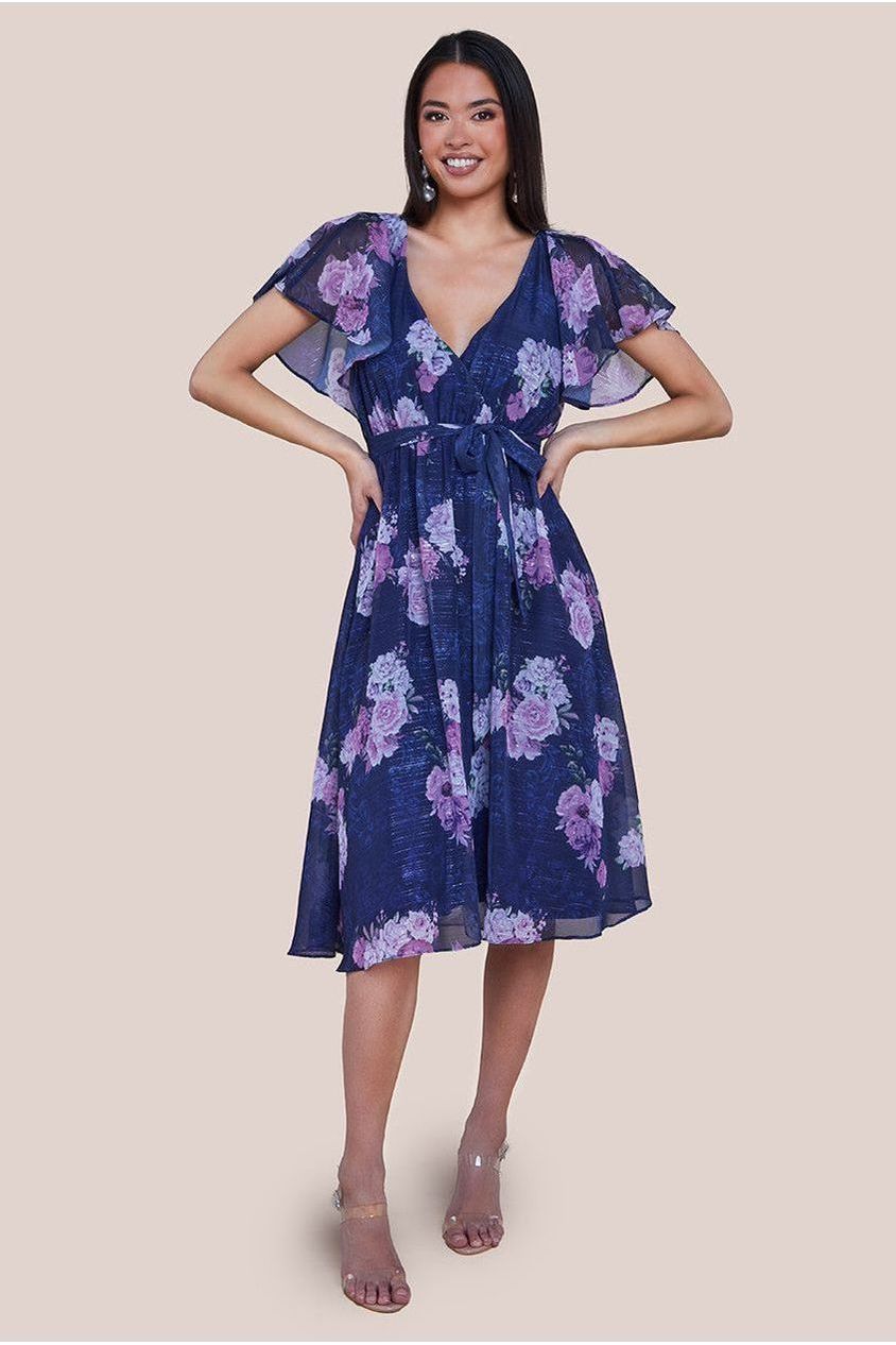 Goddiva Printed Lurex A-Line Flutter Sleeve Midi Dress