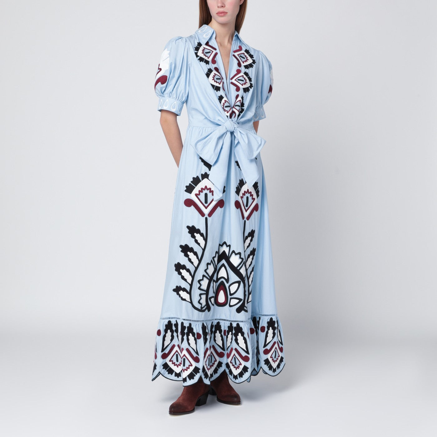 Light blue embroidered long dress with bow
