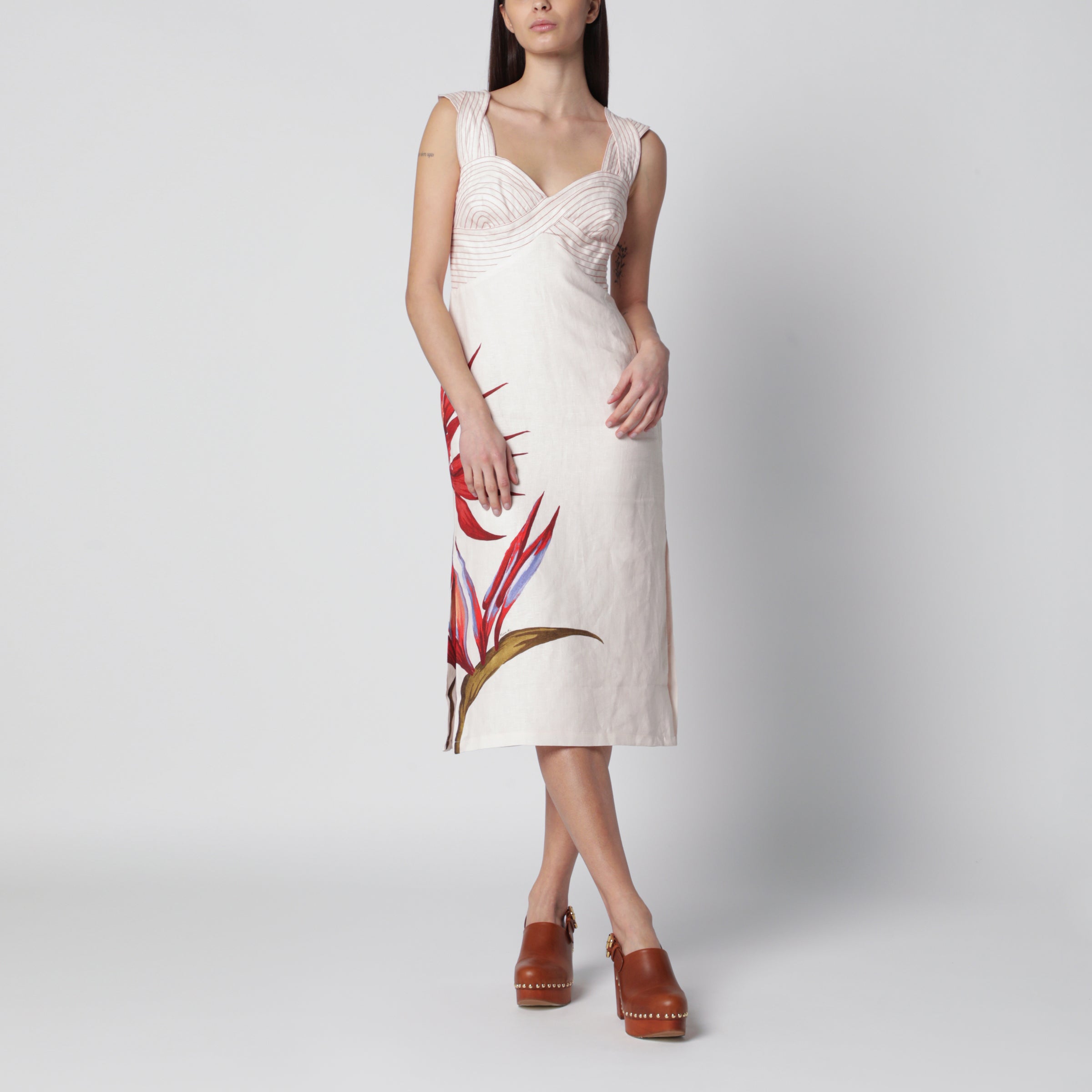 Sand-colored linen midi dress with Strelitzia pattern