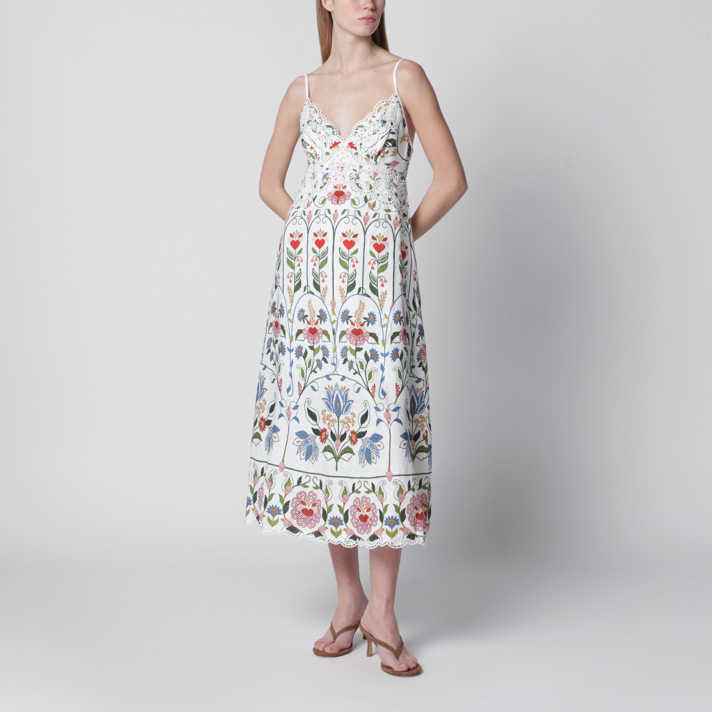 White midi dress in linen with garden motif