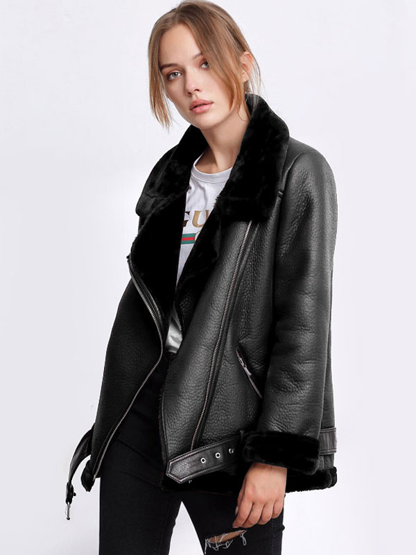 Women Moto Jacket Leather Like Faux Shearling Zipper Buckle Biker Jacket Cozy Active Outerwear