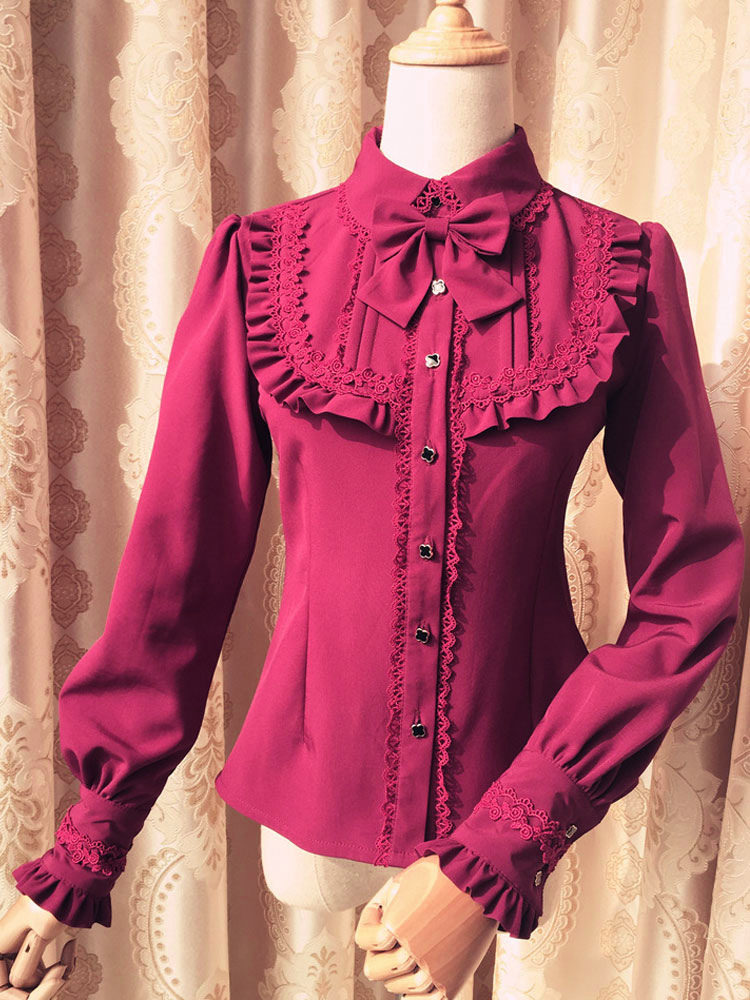 Sweet Lolita Blouse Red Long Sleeve Turndown Collar Bow Ruffled Winter Lolita Shirt
