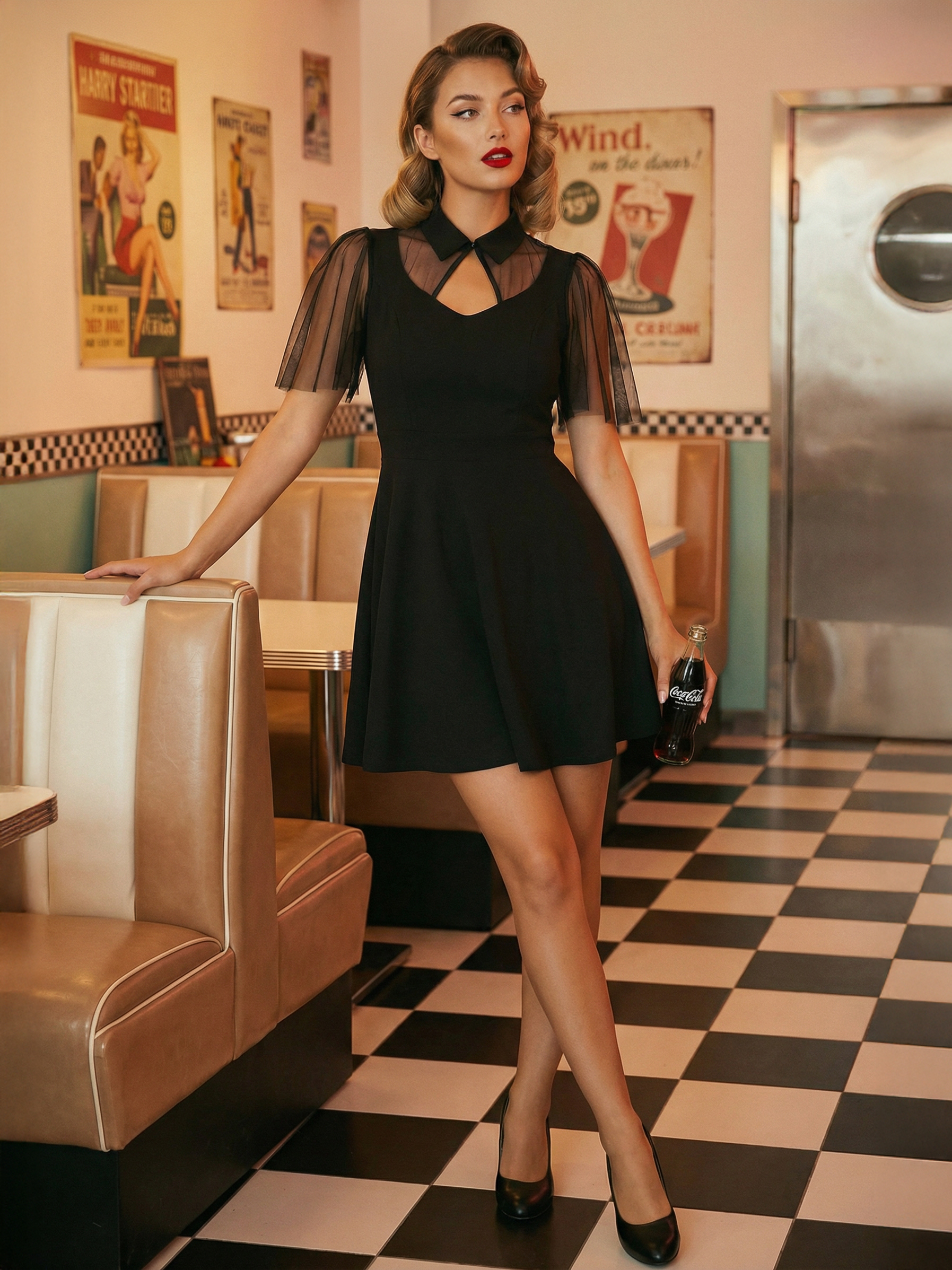 Mesh Patchwork Hollow Out Neckline A Line Skater Dress For Women