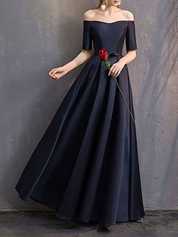 Evening Dress A-Line Bateau Neck Floor-Length Short Sleeves Lace-up Polyester Social Party Dresses