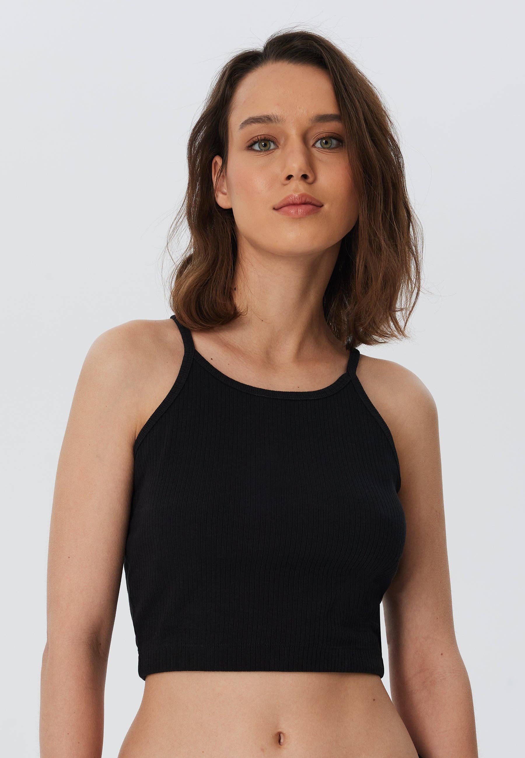 Organic Ribbed Crop Top with Spaghetti Straps: Womens - M Black