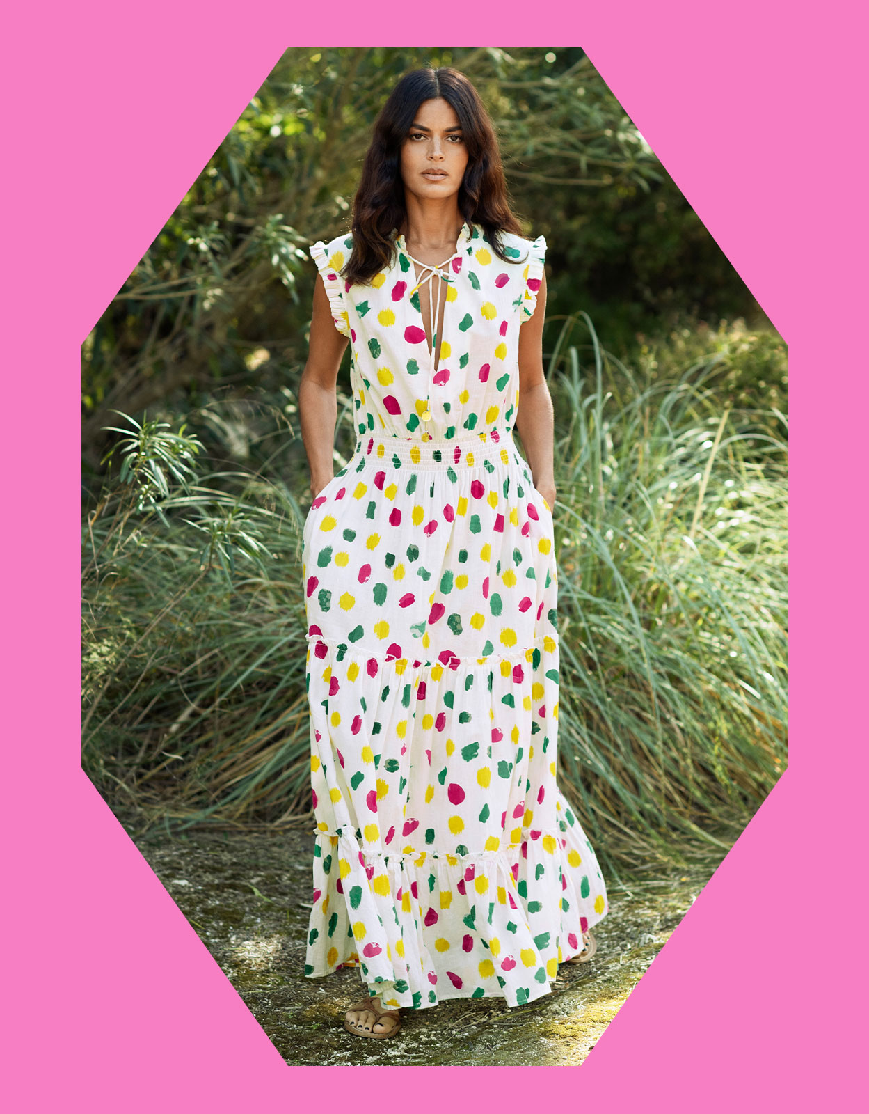 La Galeria Elefante Women's Cream & Green Cotton Printed Tiered Maxi Dress, Size: