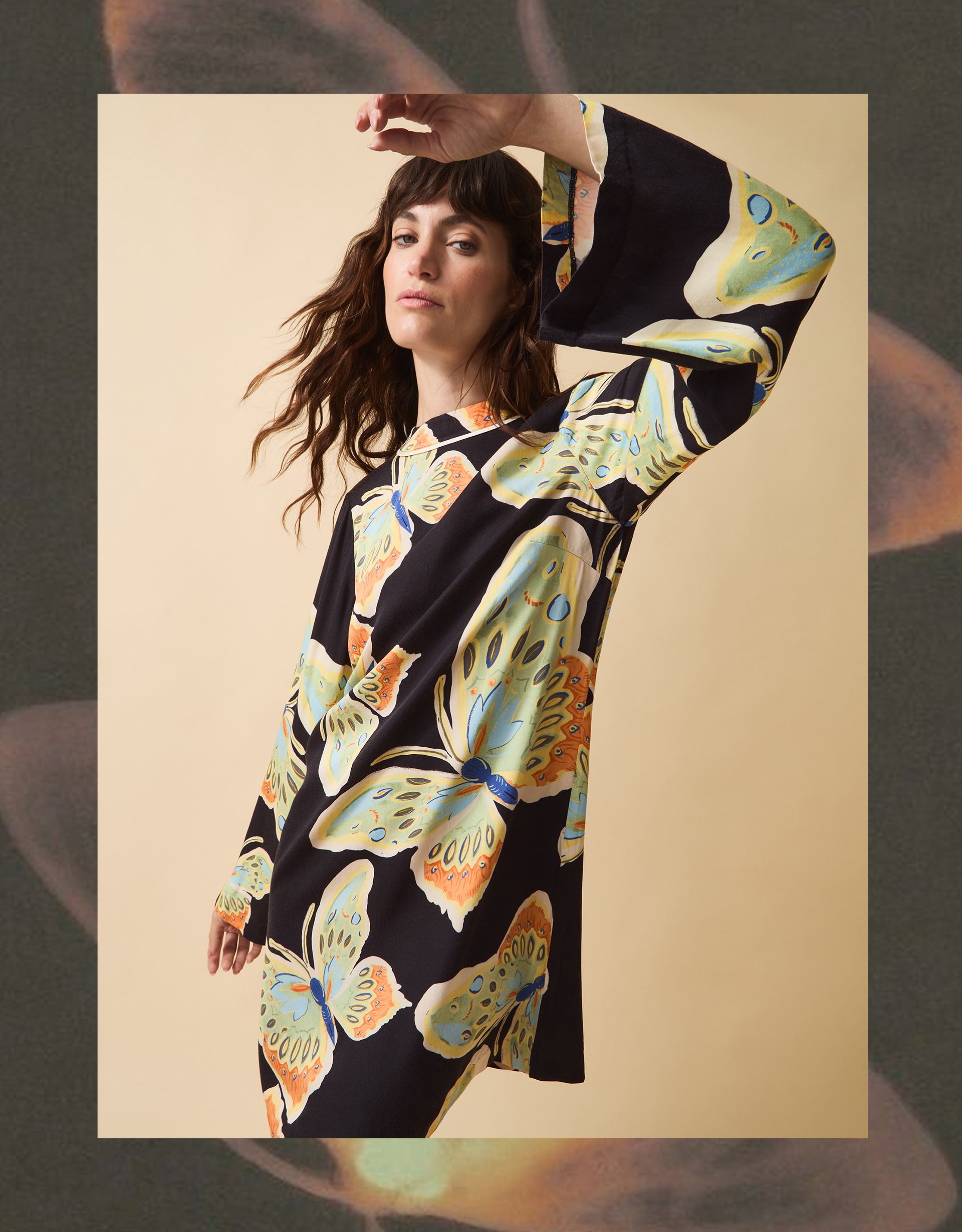 Clemence Women's Black & Green Butterfly Motif Aurelie Mini Tunic Dress, Size: