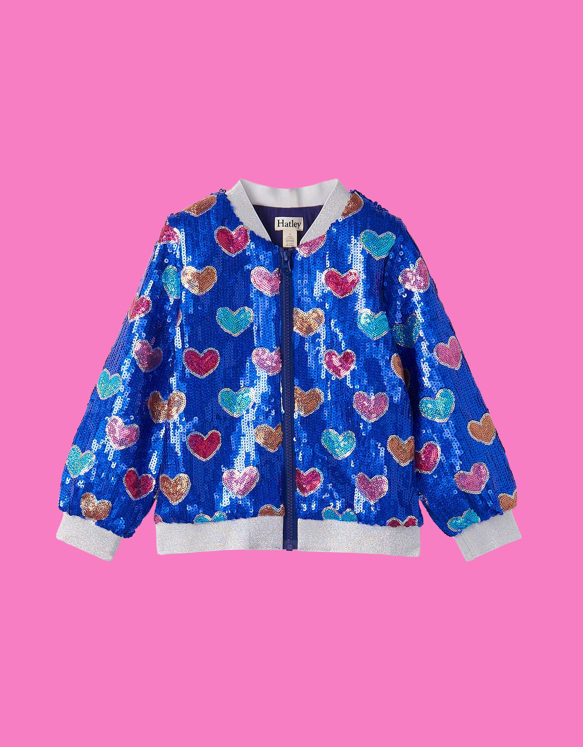 Hatley Bursted Hearts Sequin Bomber Jacket Blue