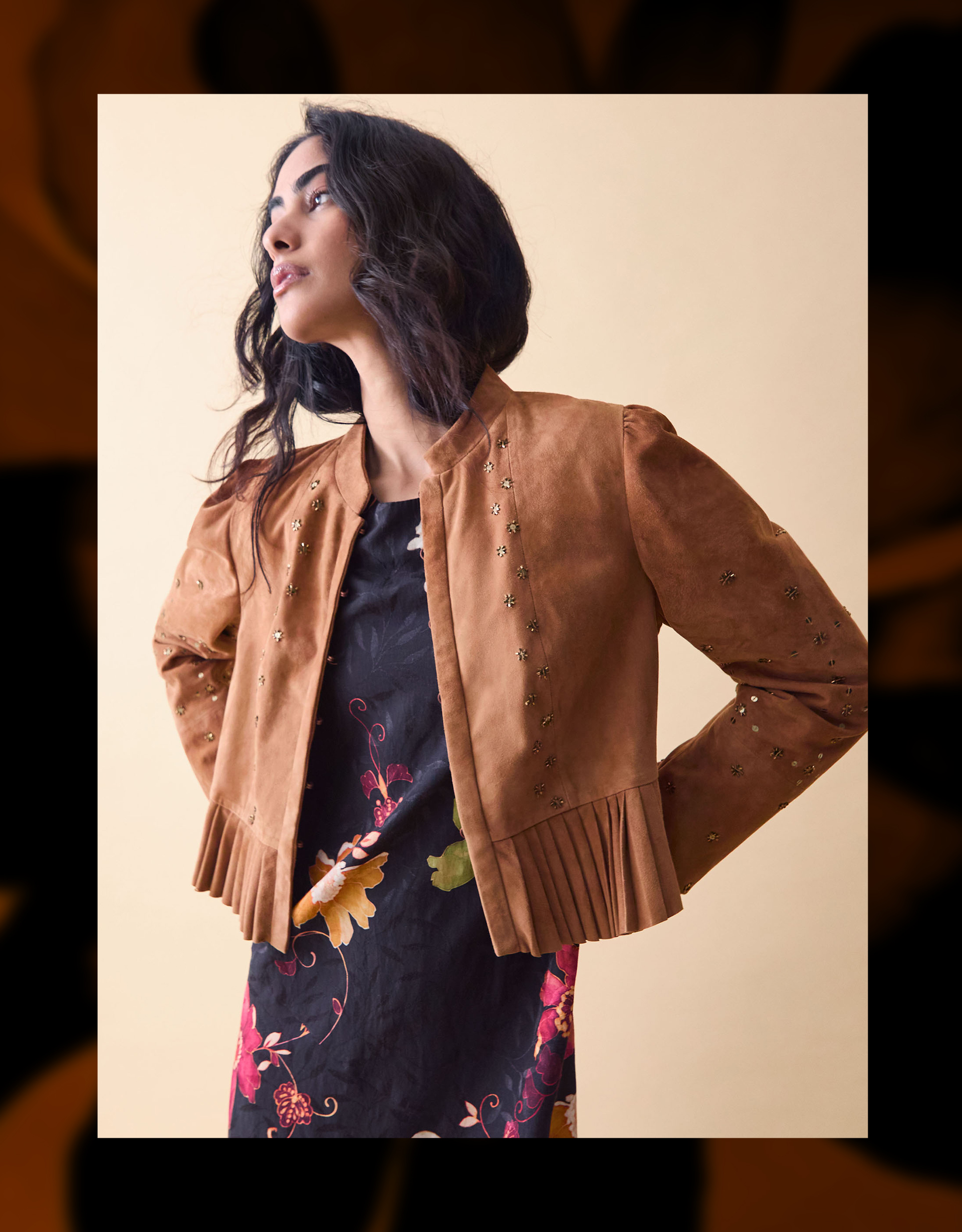 Clemence Fleur Embellished Suede Jacket Tan
