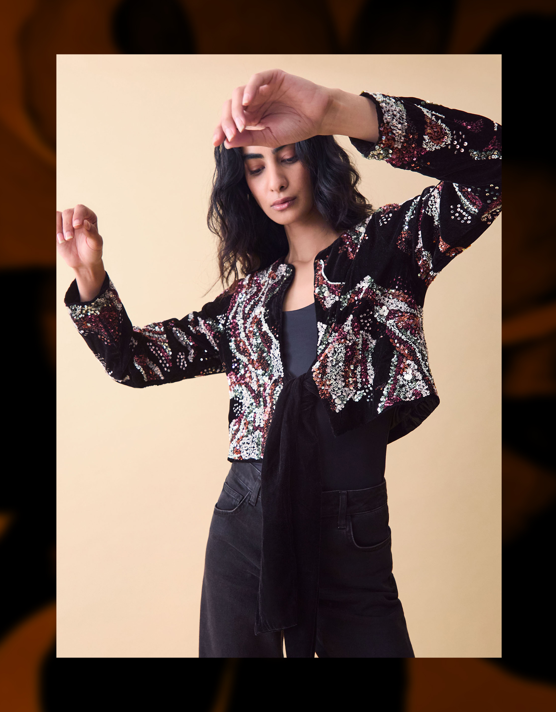 Clemence Rosalie Cropped Sequin Velvet Jacket Black