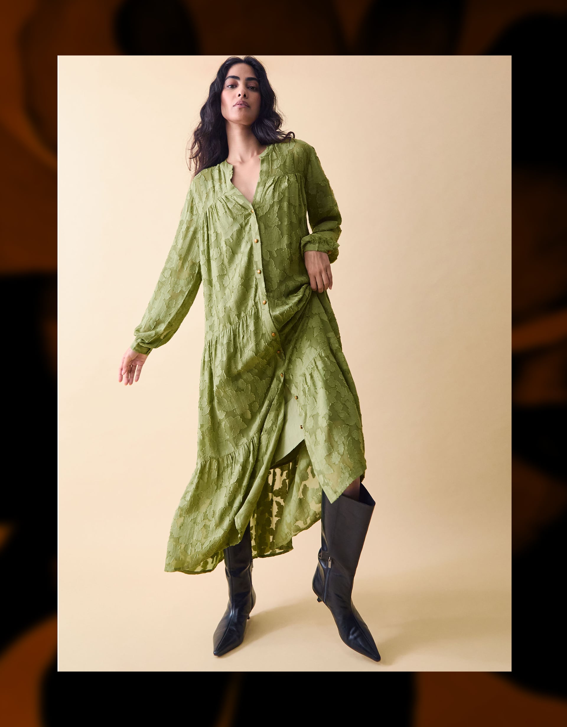 Clemence Women's Green Floral Burnout Sylvie Tiered Maxi Dress, Size: