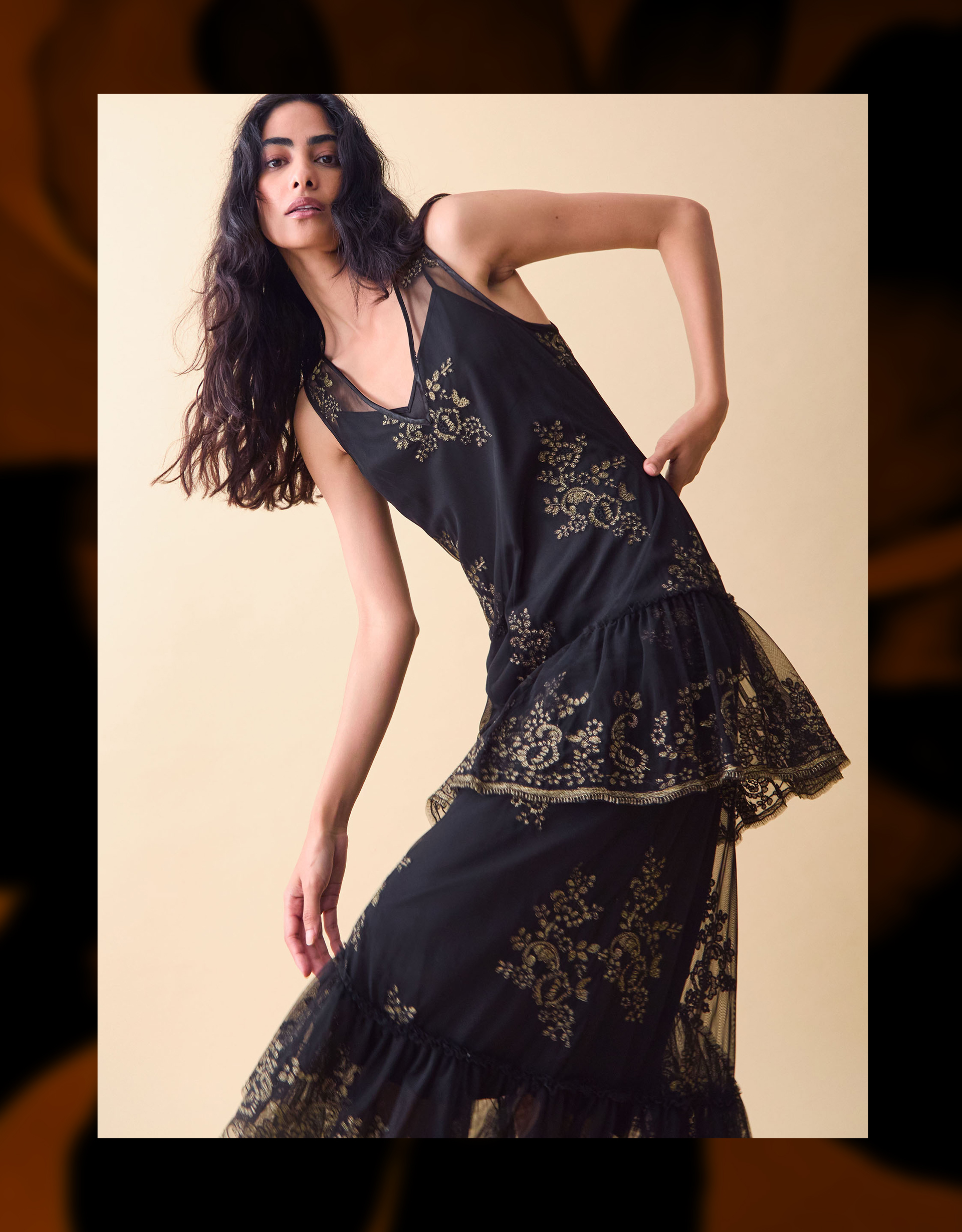 Clemence Isabelle Embroidered Tiered Midi Dress Black