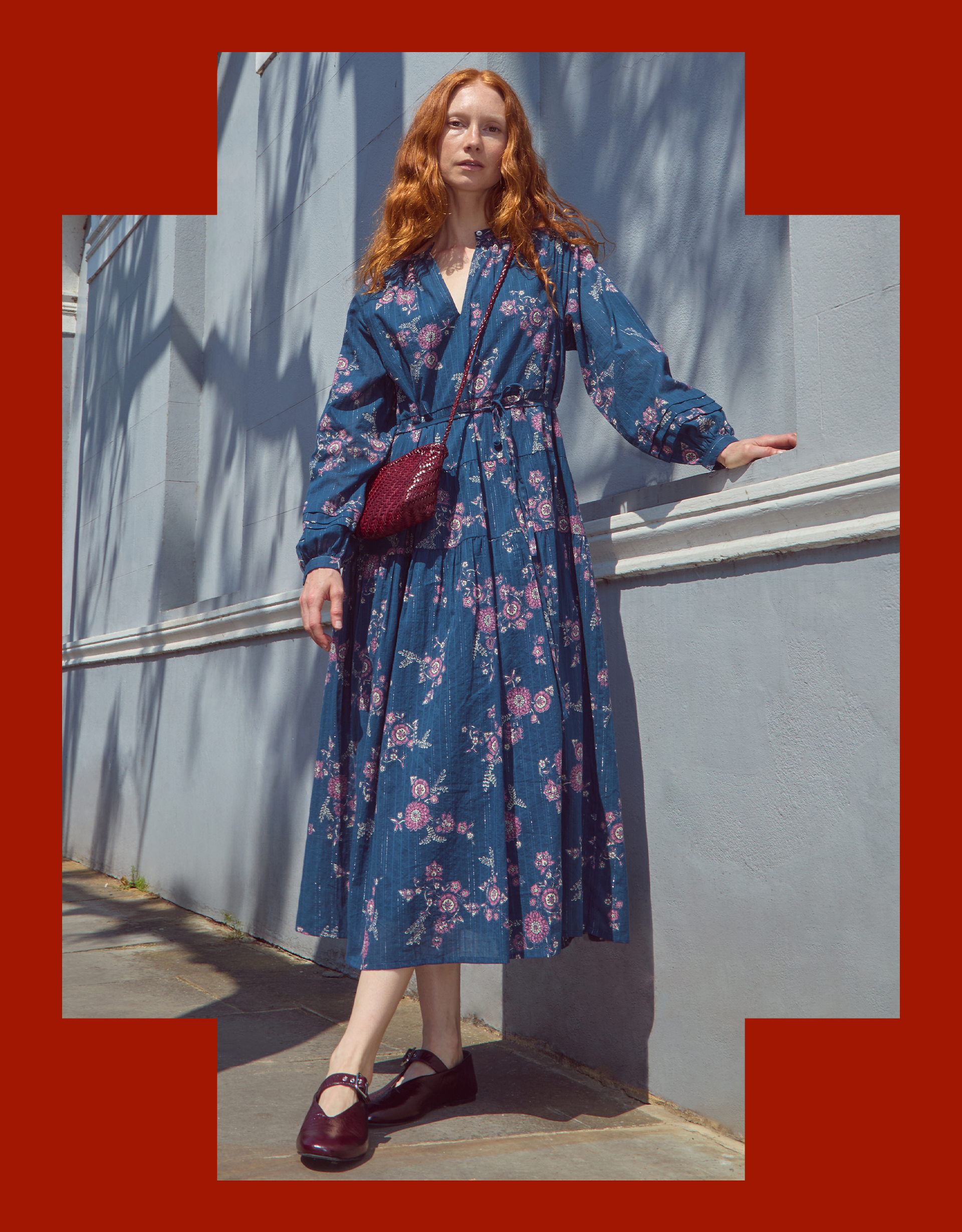 East Layla Floral Long Sleeve Midi Dress Blue