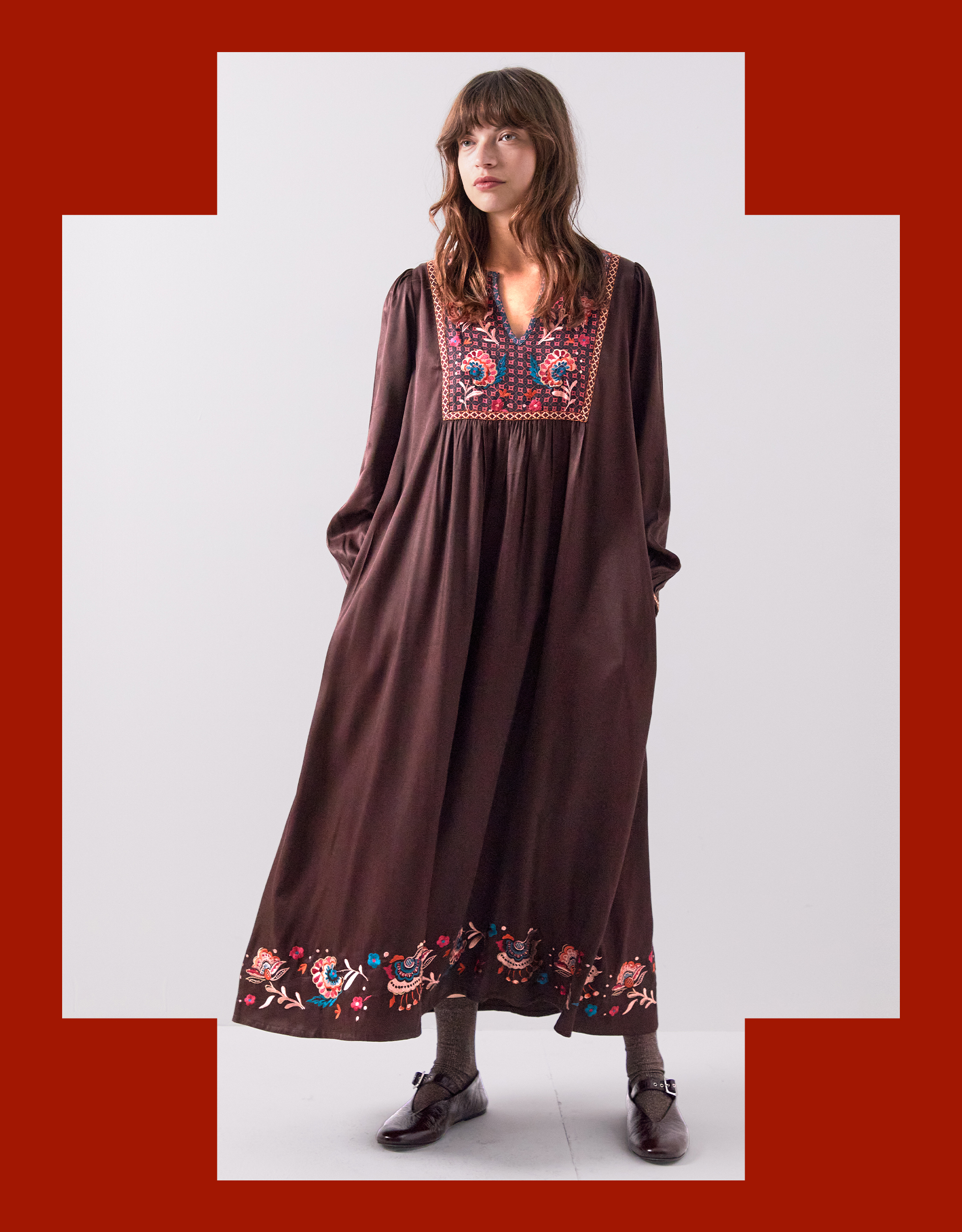 East Eliana Embroidered Long Sleeve Midi Dress Brown