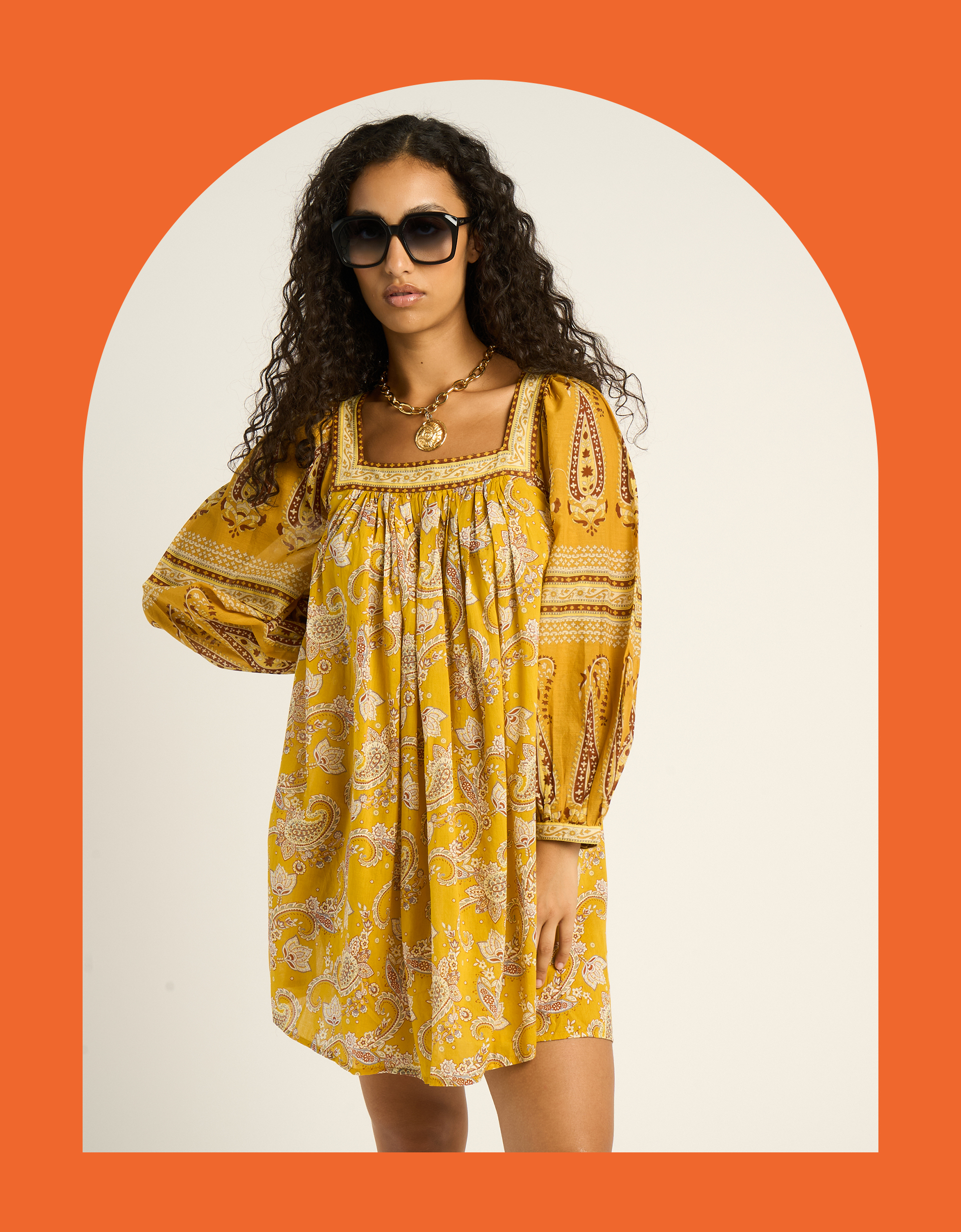Petite Mendigote Rabea Square Neck Paisley Mini Dress Yellow