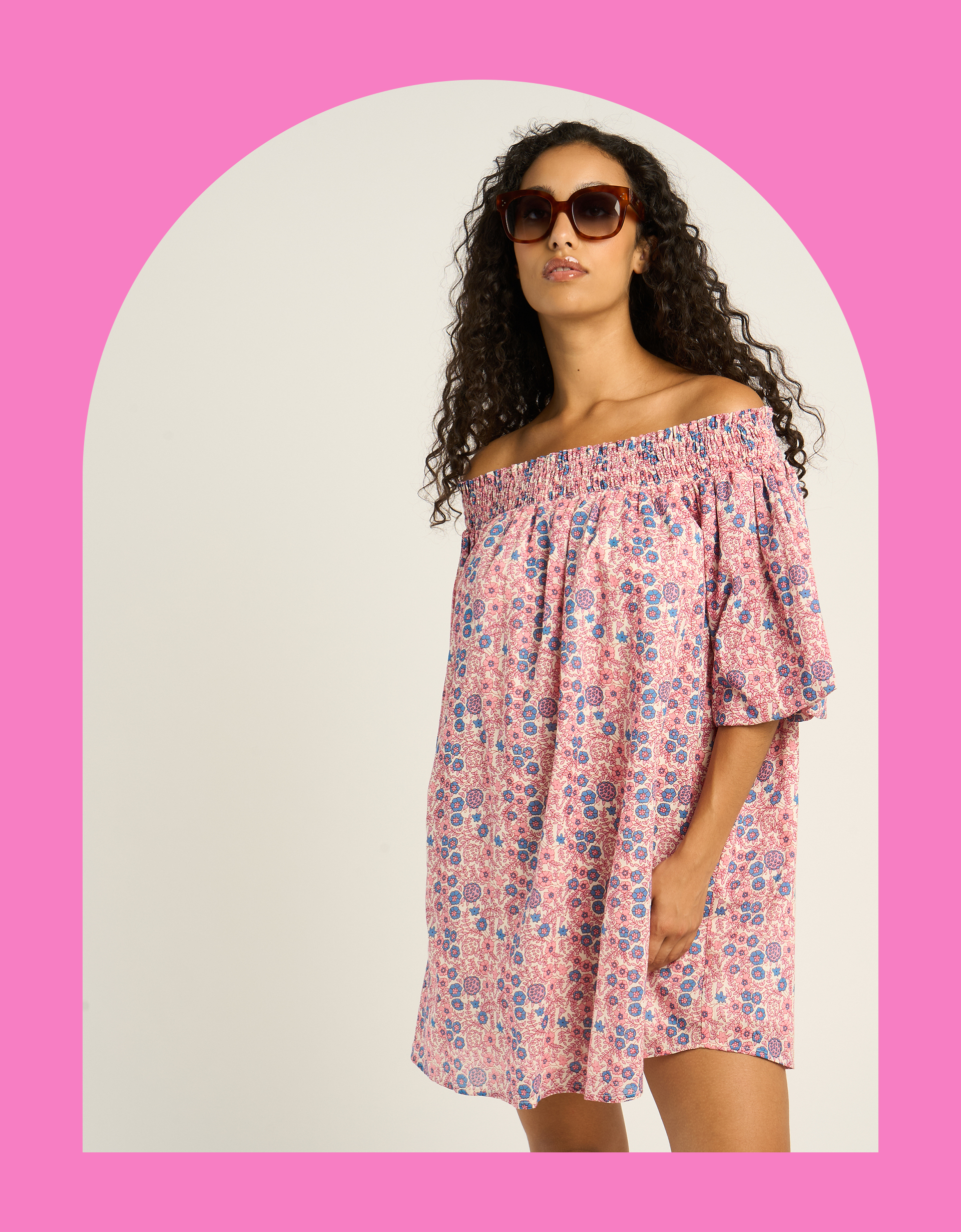 Petite Mendigote Fannie Off-The-Shoulder Floral Mini Dress Pink