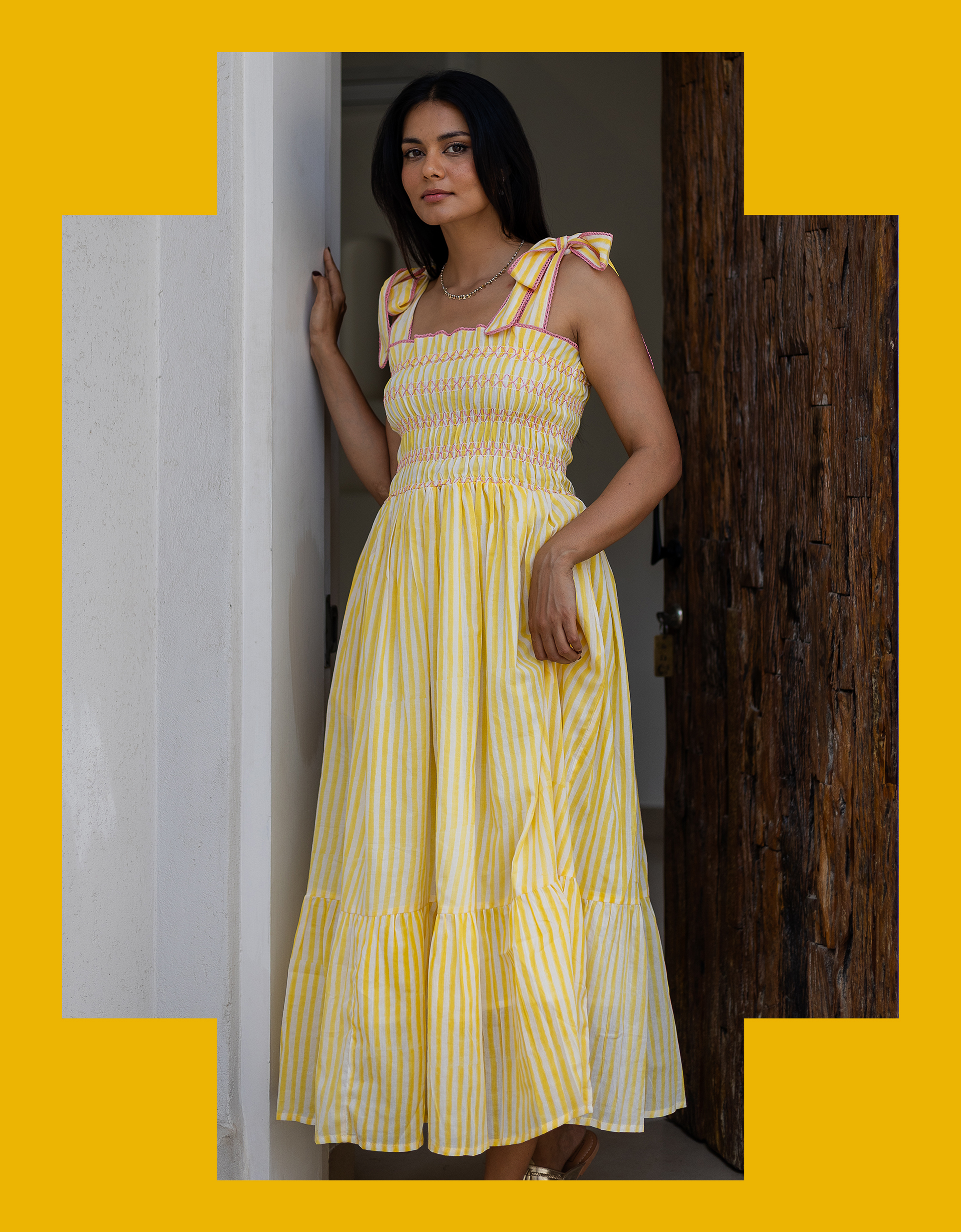 Dilli Grey Yasmin Smocked Stripe Maxi Dress Yellow