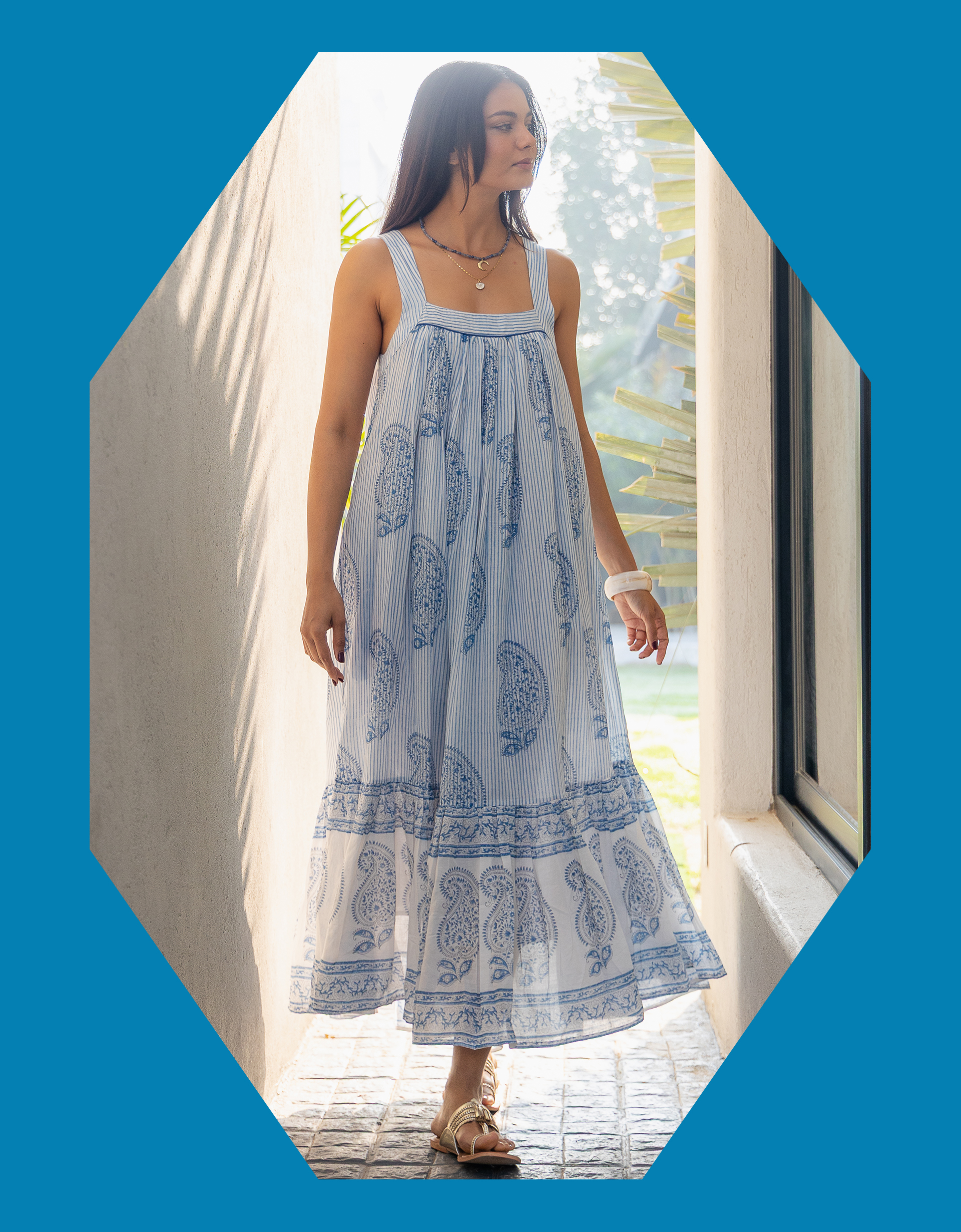 Dilli Grey Kaya Sleeveless Block Print Midi Dress Blue