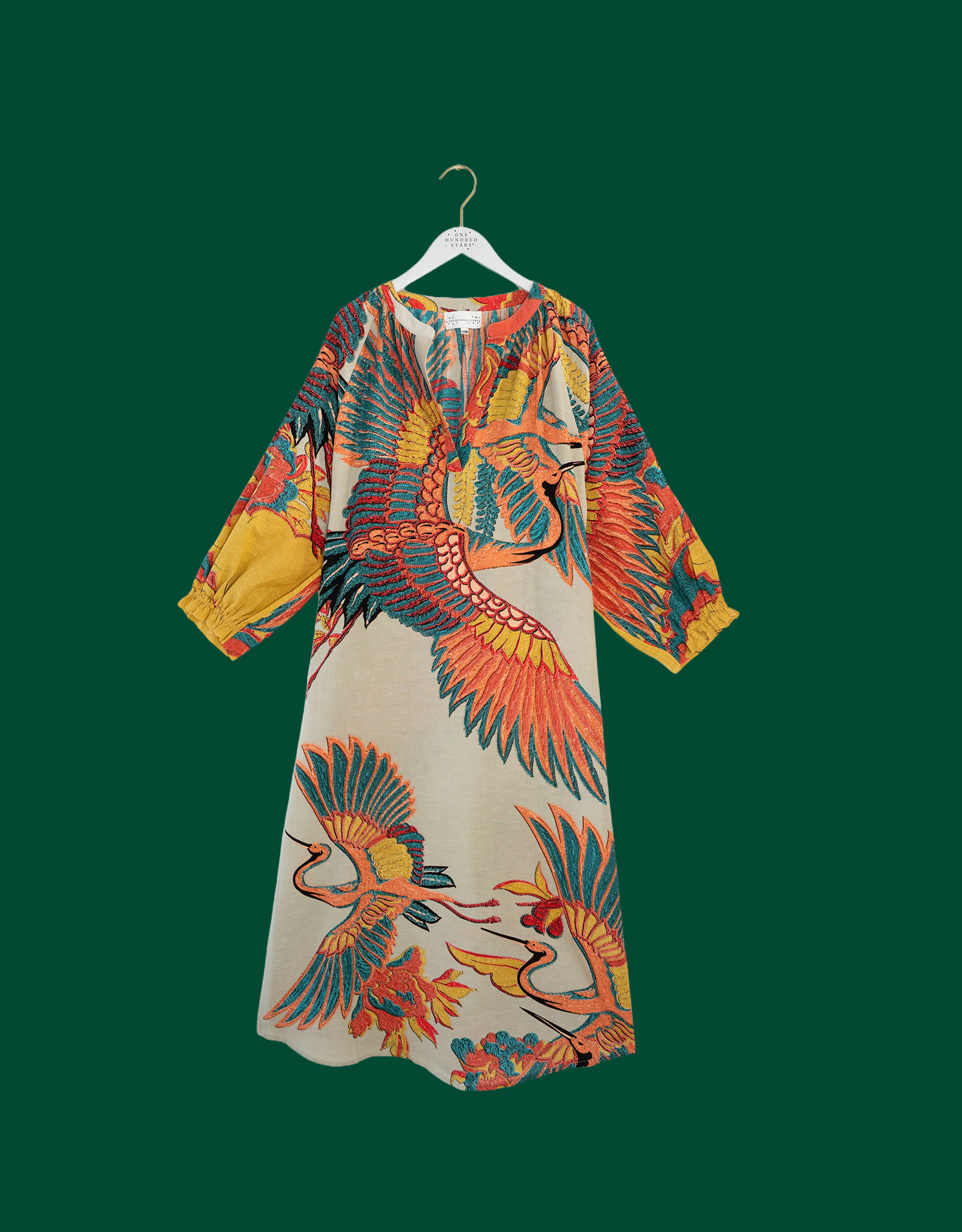 One Hundred Stars Crane Print Midi Dress Natural