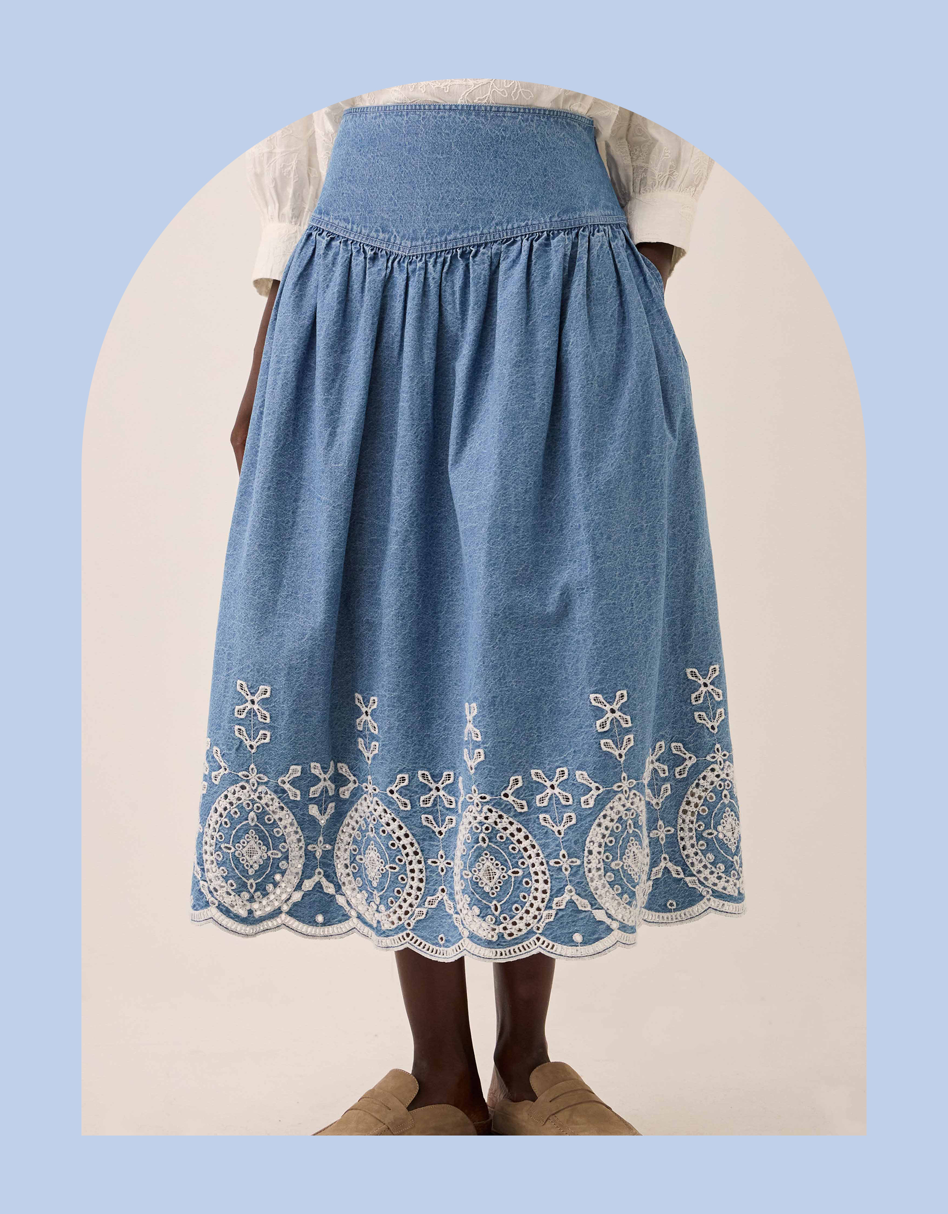 East Coralie Broderie Denim Midi Skirt Blue