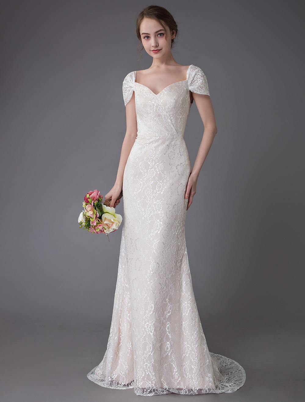 Lace Wedding Dress Vanilla Cream Sweetheart Short Sleeve Bridal Dress Mermaid Bridal Gown With Train