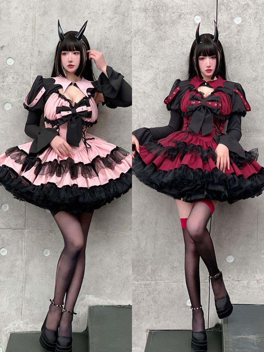 Gothic Lolita Dresses Pink Red Sexy Sweet Little Devil Slim Fit and Busty Lace Up Dress