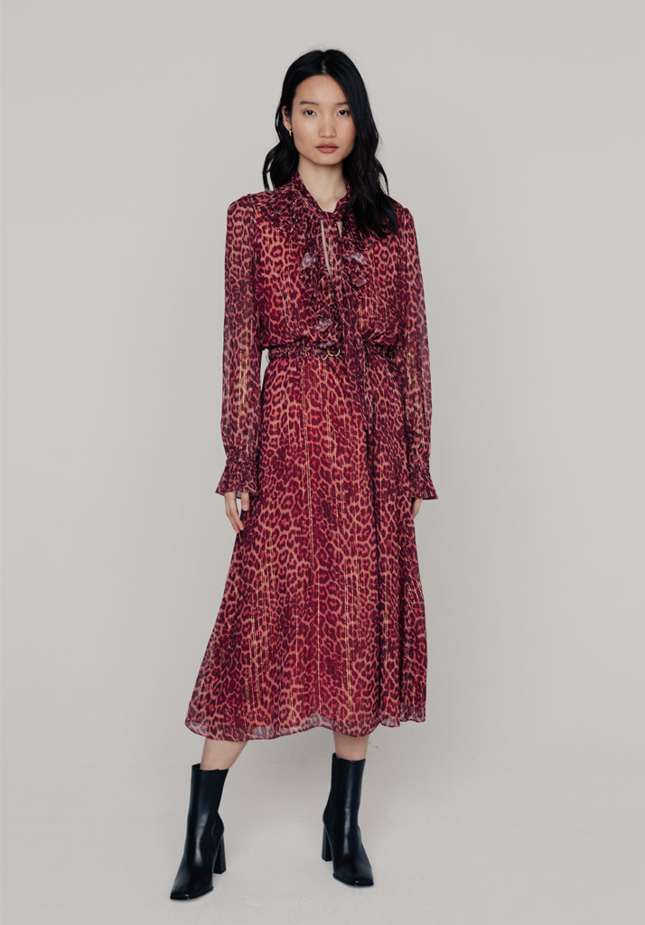 Margot Ruffle Neck Leopard Print Maxi Dress In Burgundy