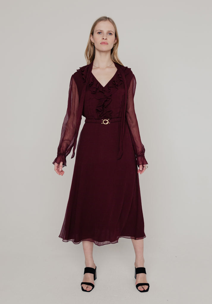 Margot Ruffle Neck Midi Dress In Burgundy
