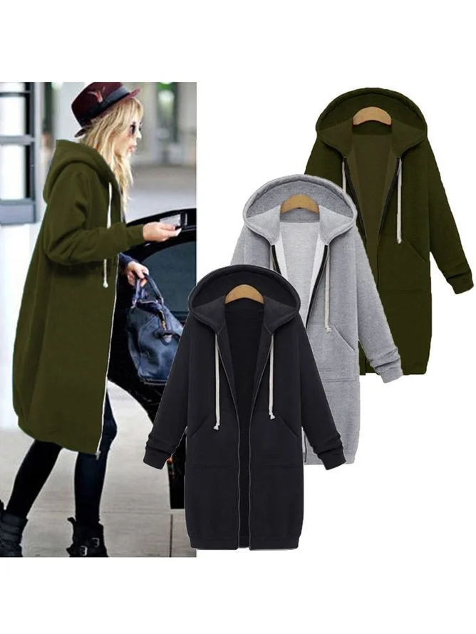 Women Street Plain Winter Hoodie Natural Heavyweight Micro-Elasticity Regular Fit Zip Up Hoodie Coats