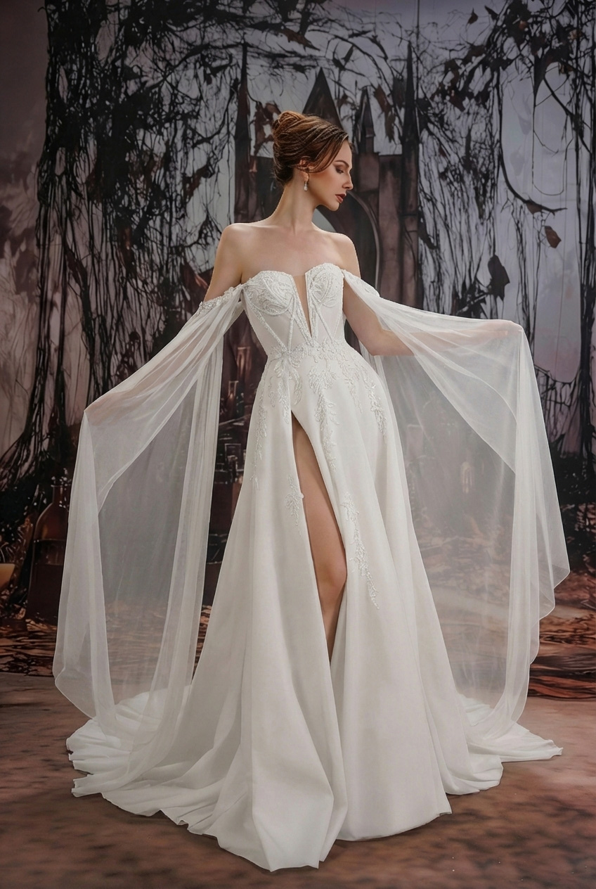 Gothic Black Wedding Dresses Lace A-Line Long Sleeves Natural Waist Tiered With Train Bridal Dress