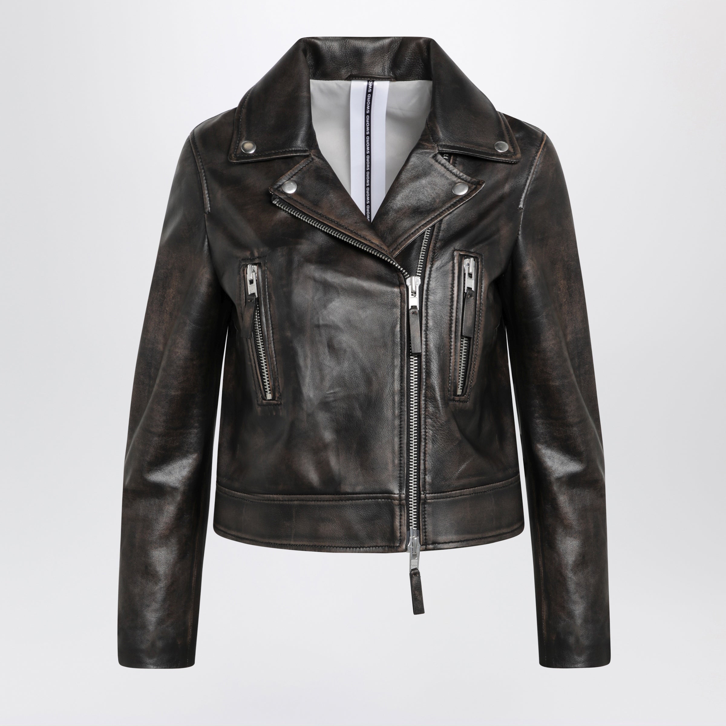 Black vintage-effect leather biker jacket