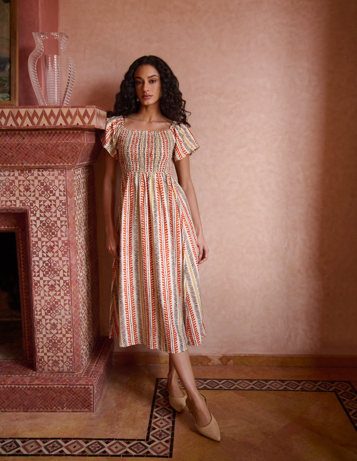 Short Sleeve Shirred Waist Abstract Print Dress - M ORANGE PATTERN