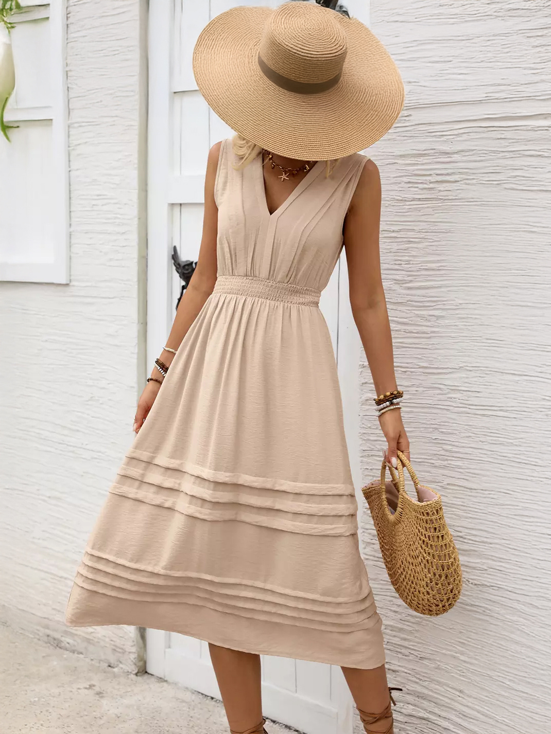 Apricot V Neck Midi Sundress for Women - Sleeveless Smocked Waist Flowy A Line Dress - Summer Beach Vacation