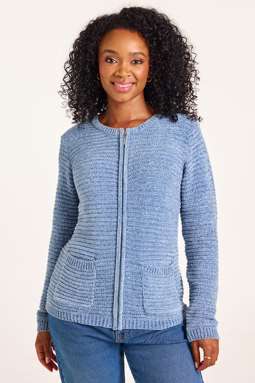 Bonmarche Denim Chenille Ribbed Zip Through Cardigan, Size: