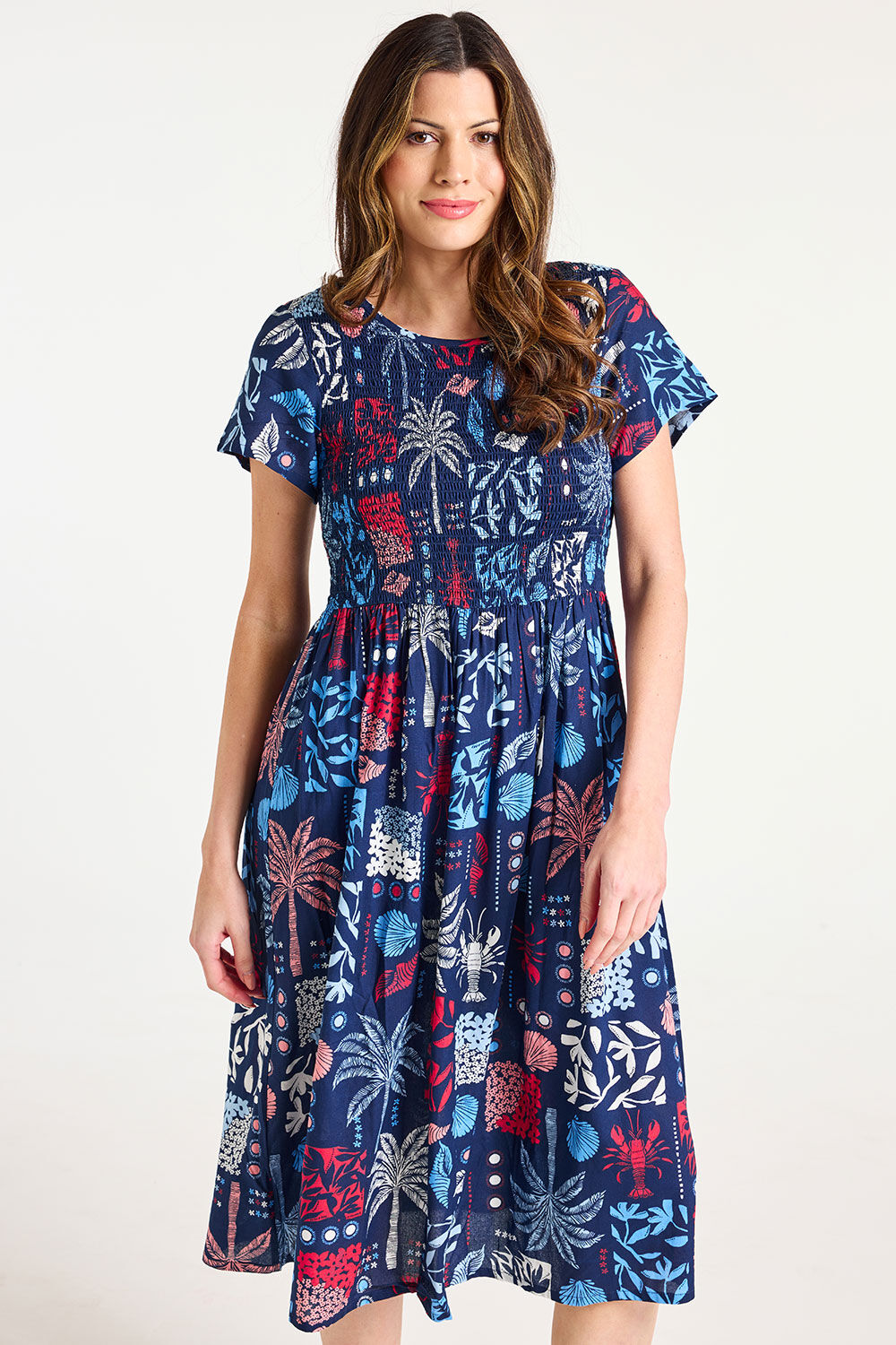 Bonmarche Women's Navy & White Postcard Patchwork Print Dress