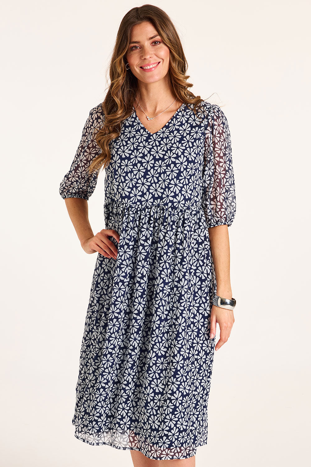 Bonmarche Women's Navy & White Large Daisy Print Chiffon Smock Dress, Size: