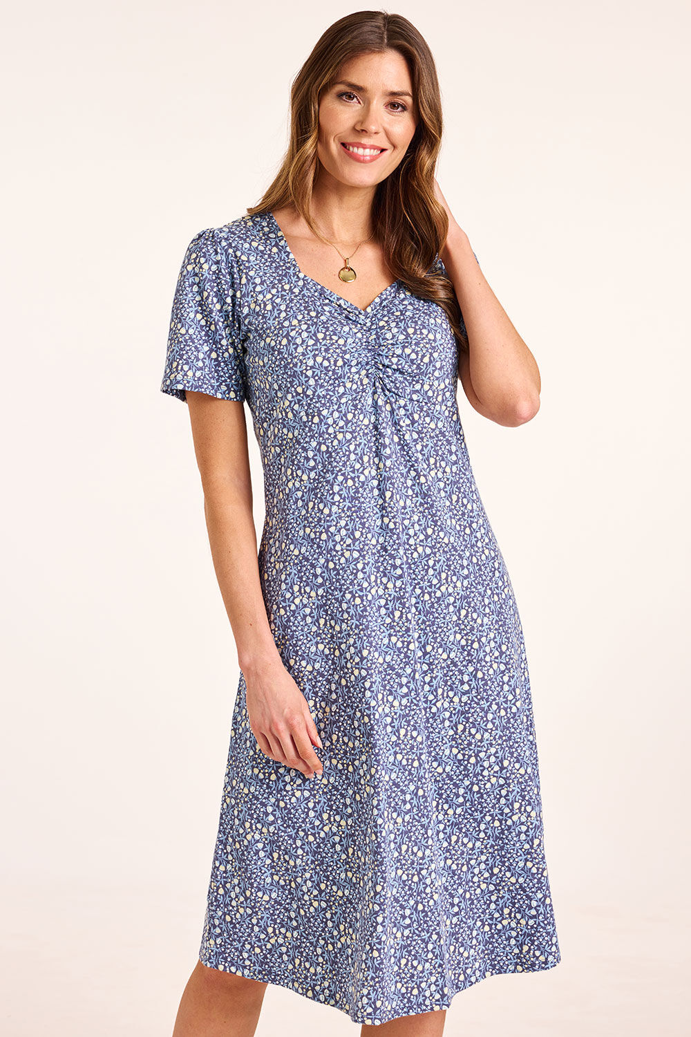 Bonmarche Navy Tiny Bud Print Ruched Front Jersey Tea Dress, Size: