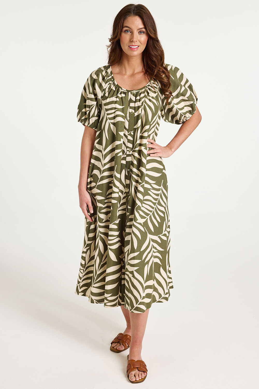 Bonmarche Leaf Print Puff Sleeves Linen Dress