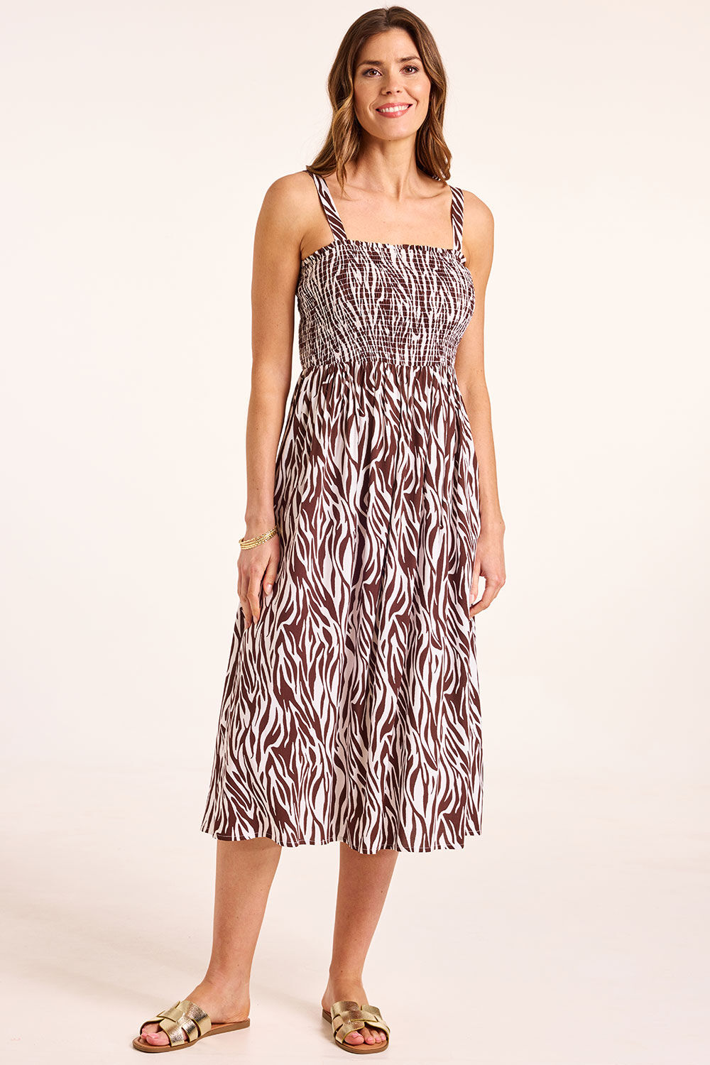 Bonmarche Brown Animal Print Strappy Sun Dress, Size: