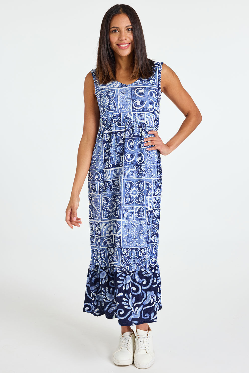Bonmarche Border Print Crinkle Sleeveless Jersey Dress
