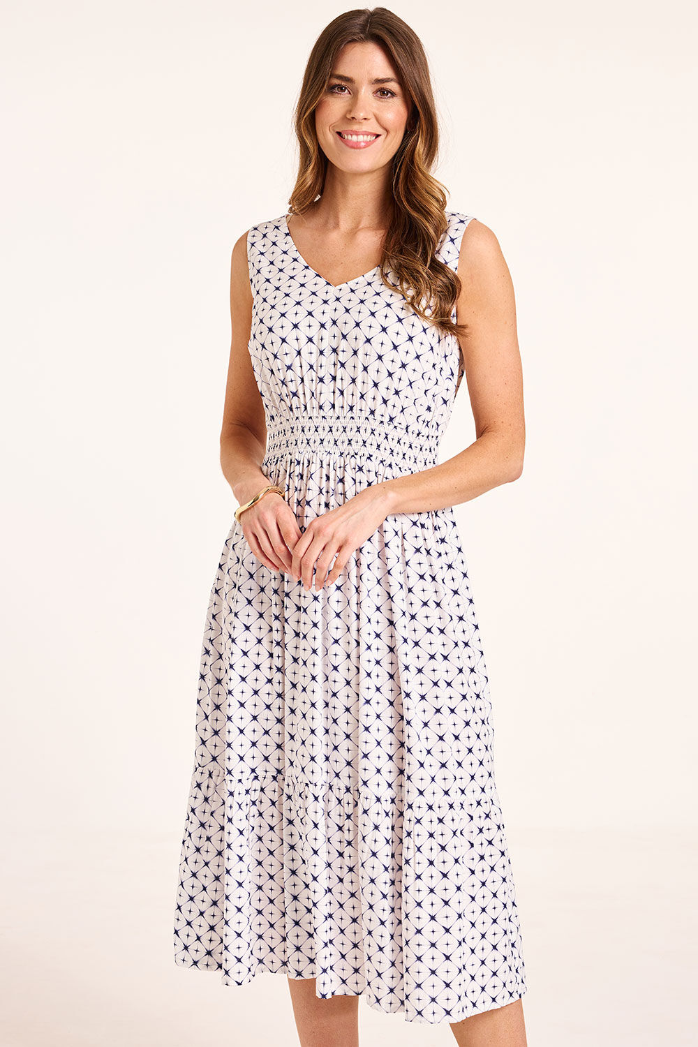 Bonmarche White Shibori Print Sleeveless Shirred Waist Dress, Size: