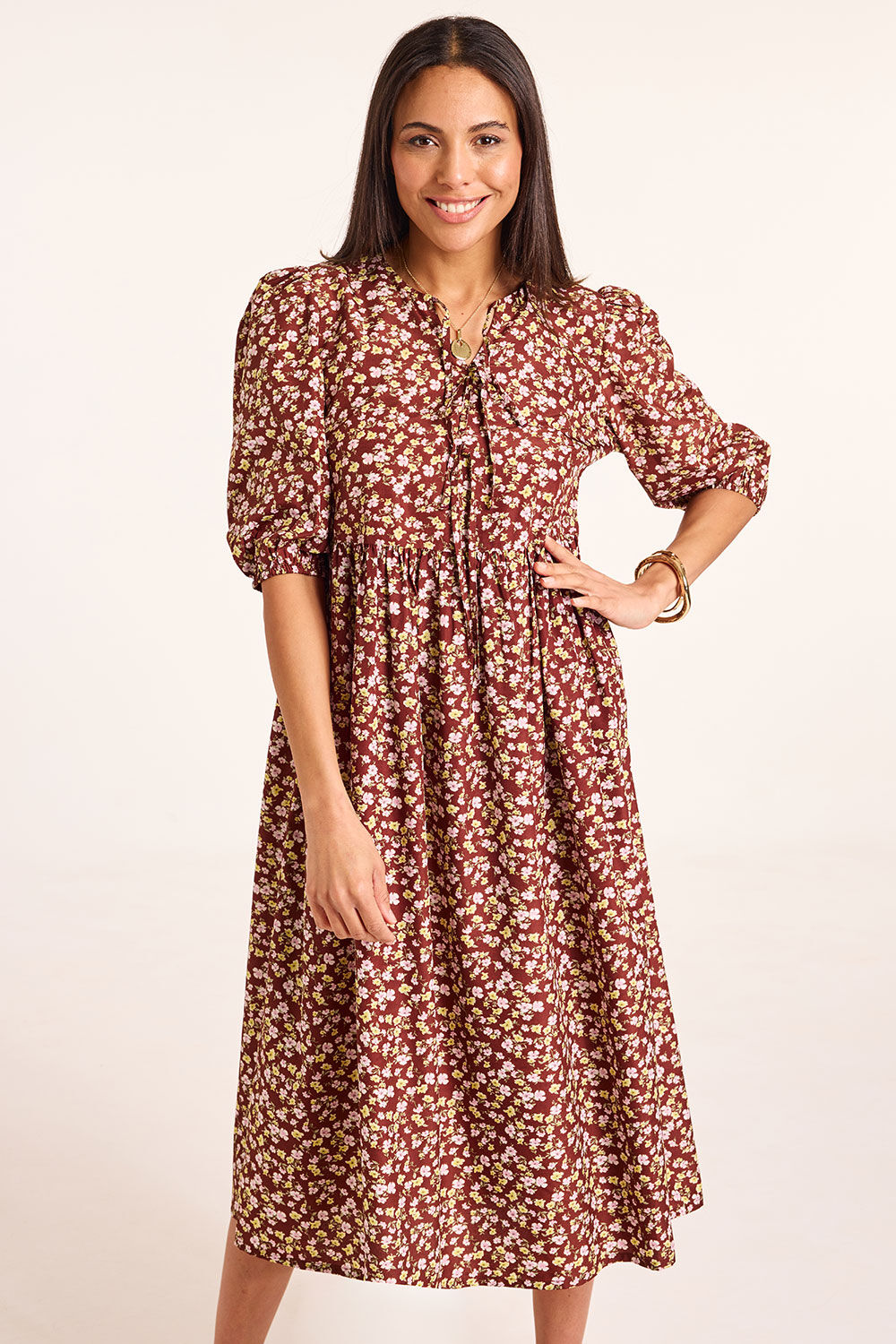 Bonmarche Brown Ditsy Print Smock Dress, Size:
