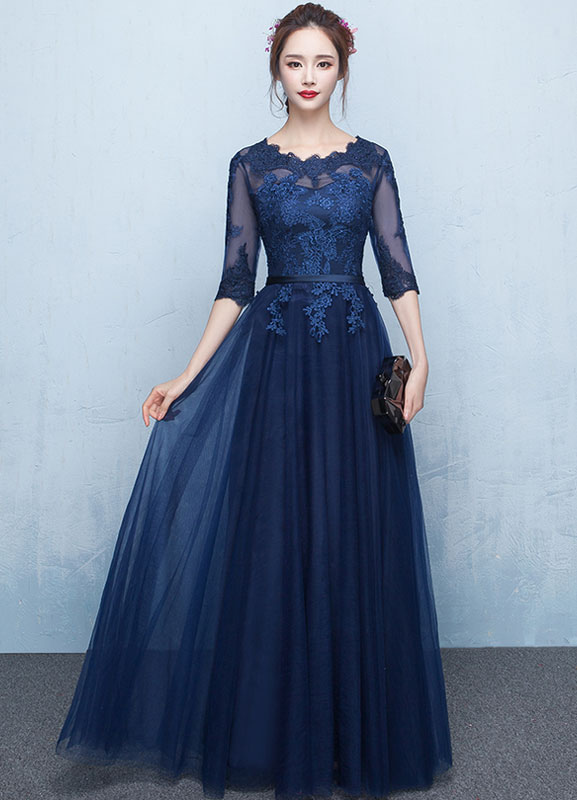 Blue Prom Dress Long Lace Applique Evening Dress Tulle Dark Navy Sash Floor Length Party Dress wedding guest dress