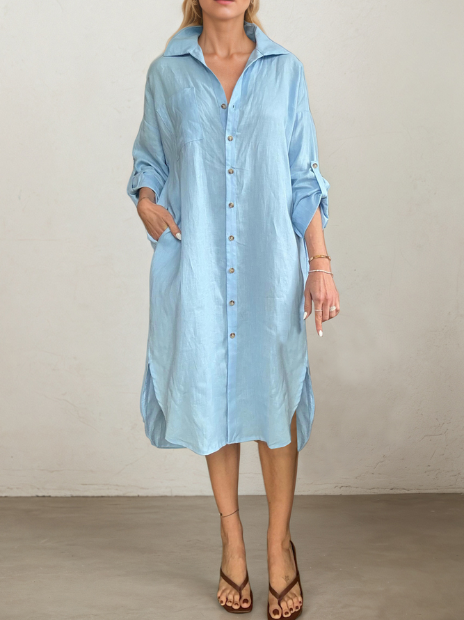 Women Casual Plain All Season Long Sleeve H-Line Shirt Dress Shirt Collar Pocket Stitching No Shirt Dresses