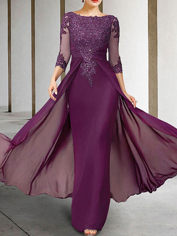 Mother Dress Bateau Navy Neck Length Sleeves Sheath Beaded Floor-Length Guest Dresses For Wedding