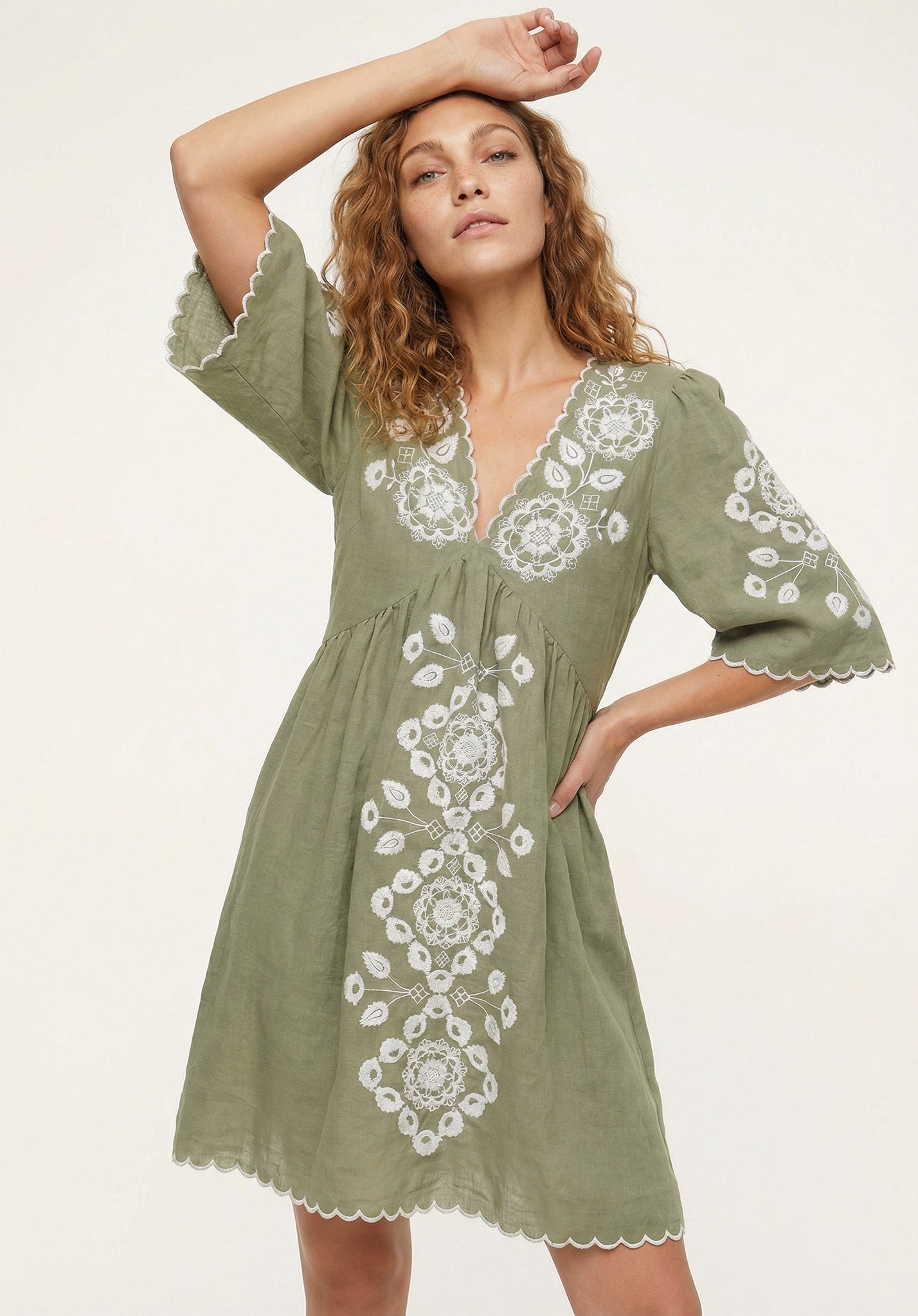 Arabella V- Neck Embroidered Mini Dress In Sage Green