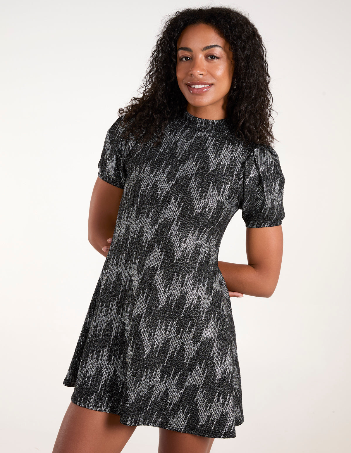 Puff Sleeve Swing Dress - SILVER